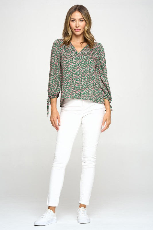 Floral Print Top with Self Tie Sleeves-Tops-Reneecollection-Urbanheer