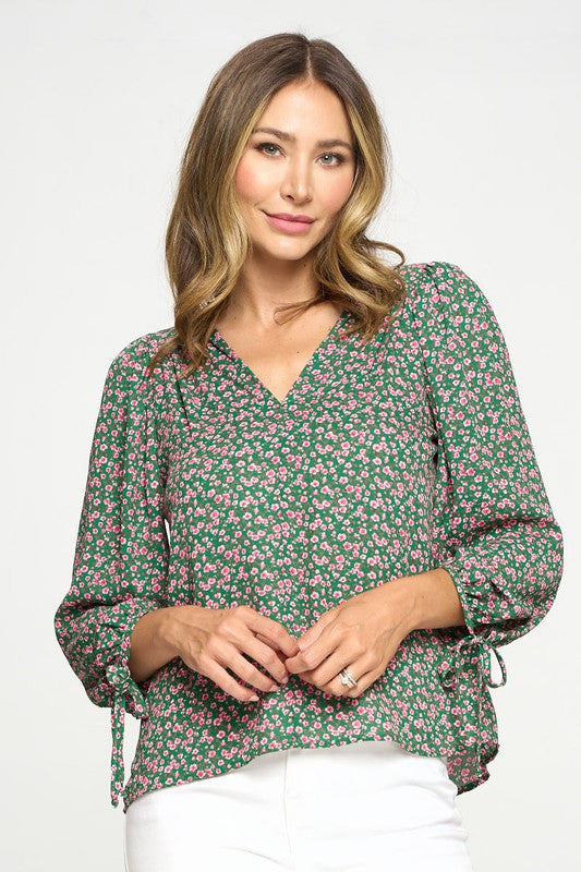 Floral Print Top with Self Tie Sleeves-Tops-Reneecollection-Urbanheer