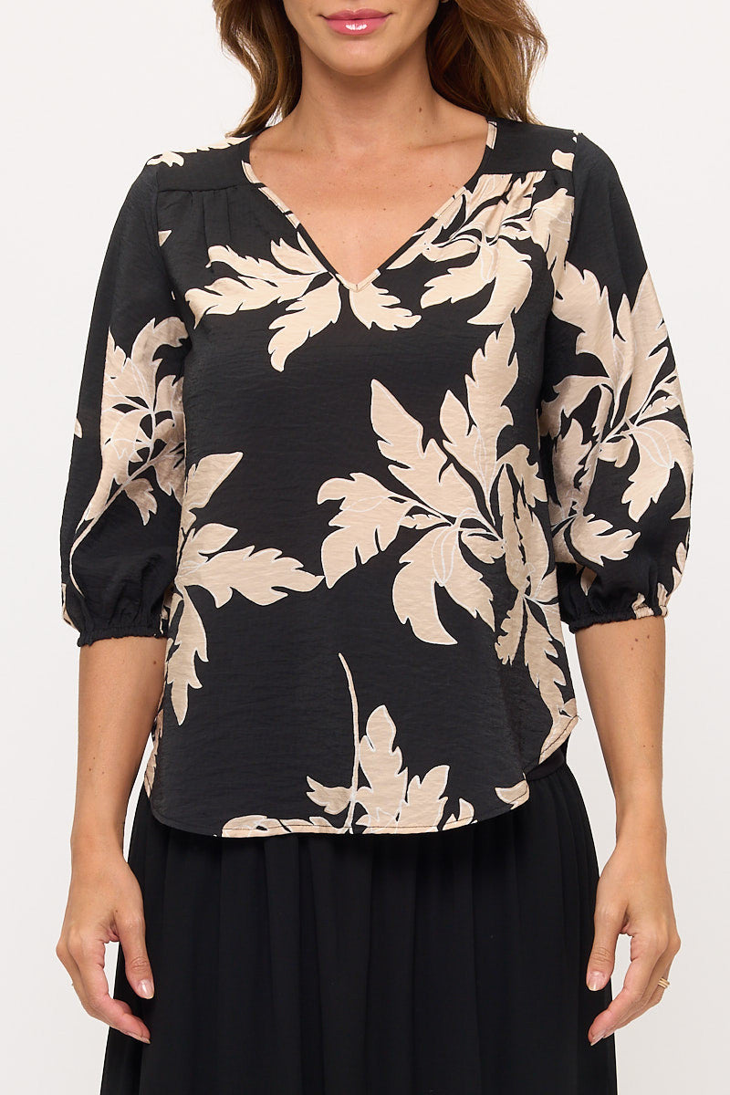 Floral Print V Neck 3/4 Sleeve Top-1