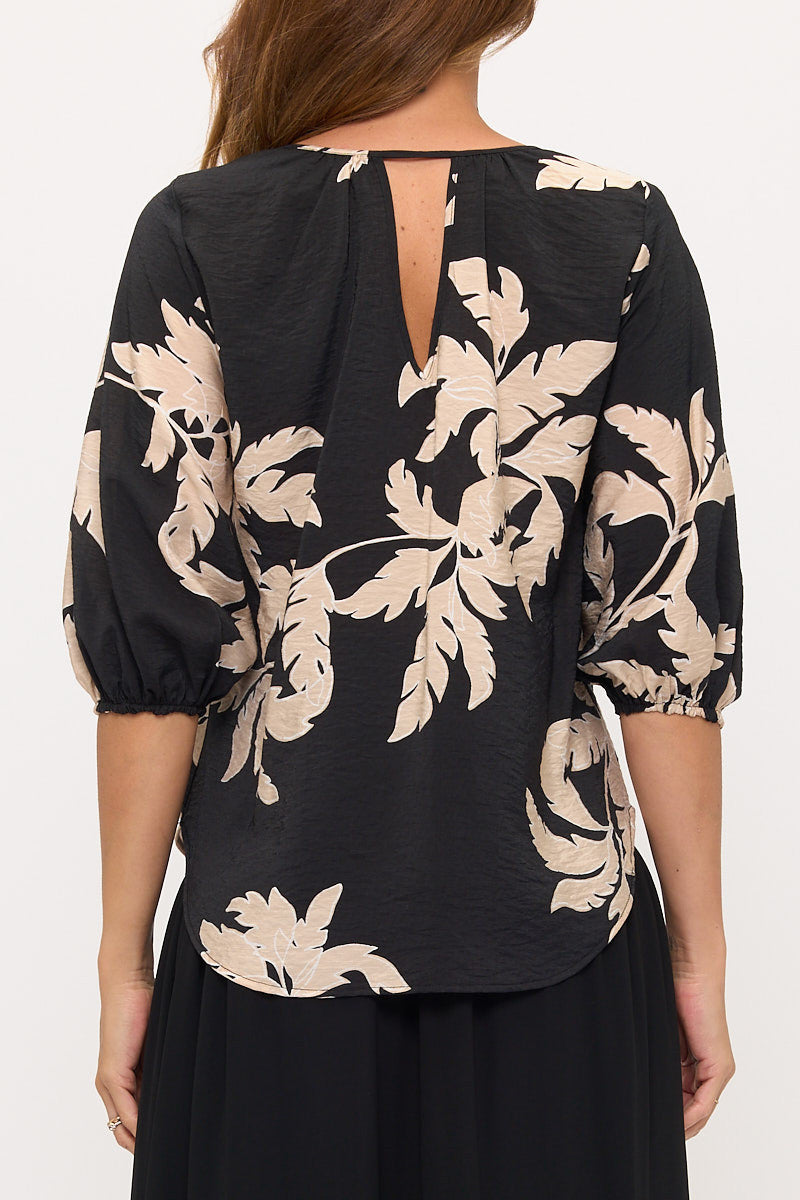 Floral Print V Neck 3/4 Sleeve Top-3