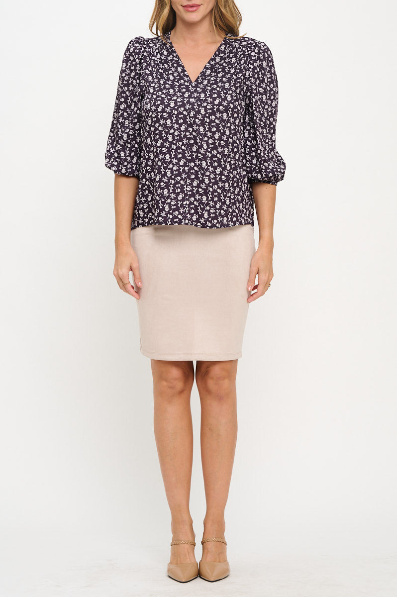 Floral Print V neck 3/4 Sleeve Top-New Arrival-Reneecollection-Small-NAVY/WHITE-Urbanheer