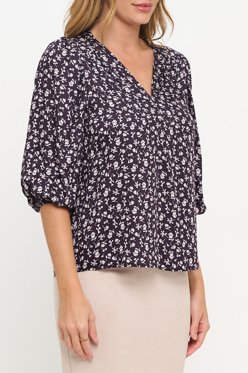 Floral Print V neck 3/4 Sleeve Top-New Arrival-Reneecollection-Small-NAVY/WHITE-Urbanheer