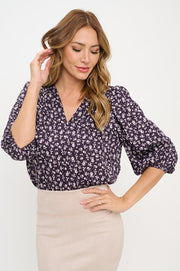 Floral Print V neck 3/4 Sleeve Top-New Arrival-Reneecollection-Small-NAVY/WHITE-Urbanheer