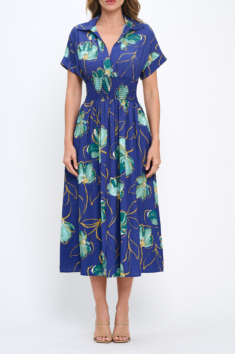 Floral Print V neck Collared Dress with Smock Waist Detail-Dresses-Reneecollection-Small-ROYAL/GREEN-Urbanheer