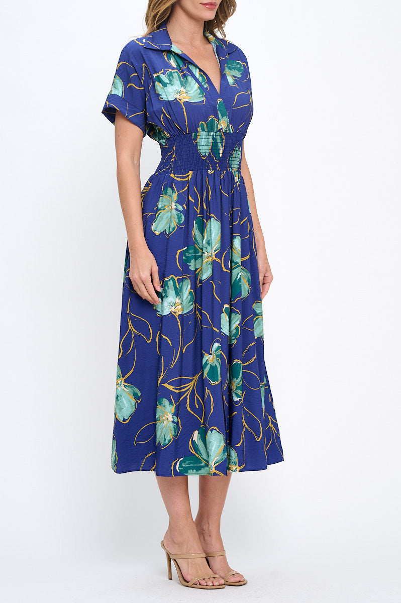 Floral Print V neck Collared Dress with Smock Waist Detail-Dresses-Reneecollection-Small-ROYAL/GREEN-Urbanheer