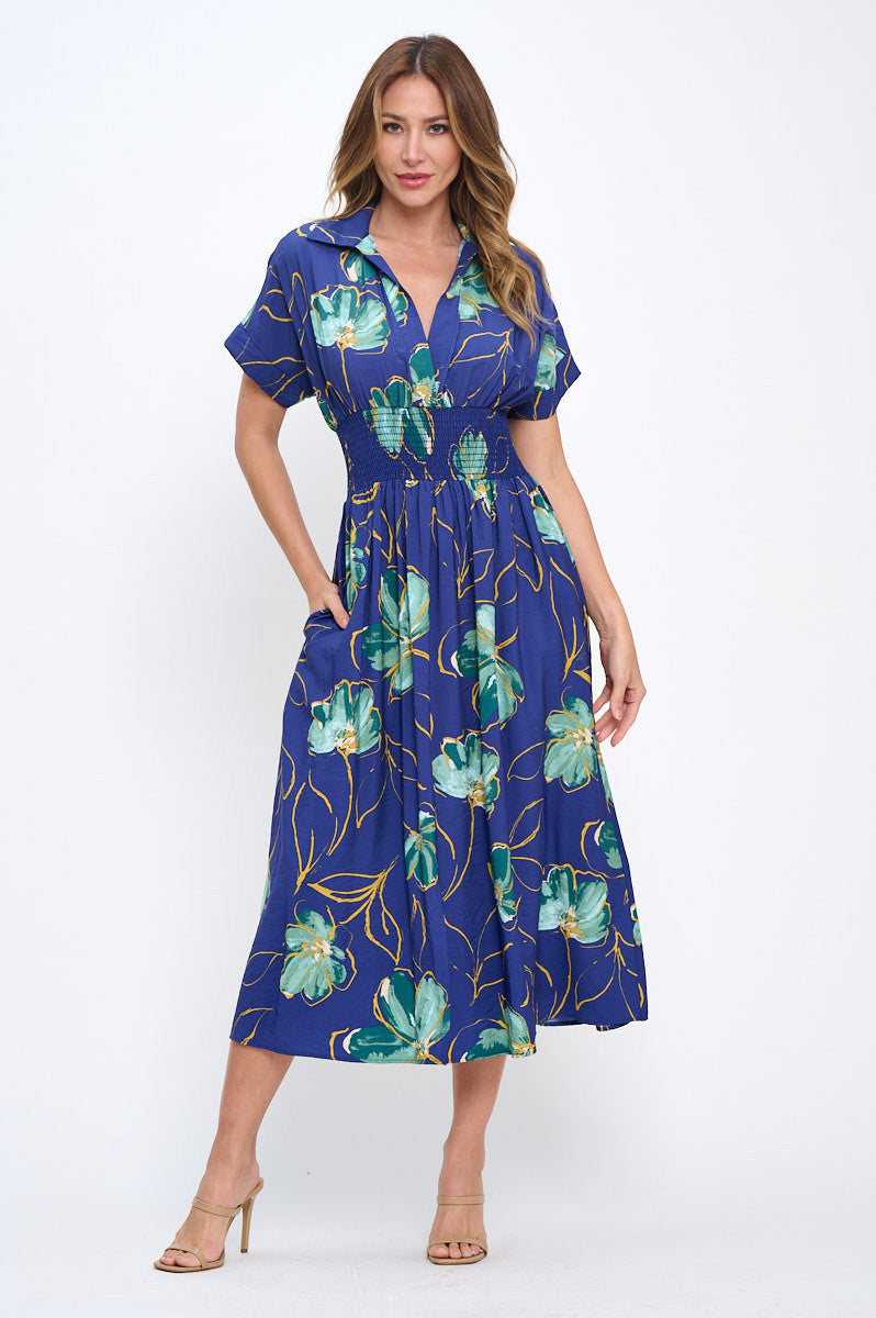Floral Print V neck Collared Dress with Smock Waist Detail-Dresses-Reneecollection-Small-ROYAL/GREEN-Urbanheer