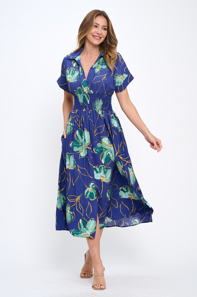 Floral Print V neck Collared Dress with Smock Waist Detail-Dresses-Reneecollection-Small-ROYAL/GREEN-Urbanheer
