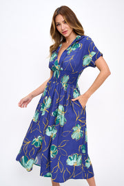 Floral Print V neck Collared Dress with Smock Waist Detail-Dresses-Reneecollection-Small-ROYAL/GREEN-Urbanheer