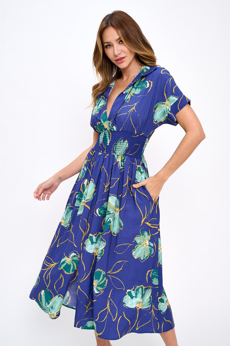 Floral Print V neck Collared Dress with Smock Waist Detail-Dresses-Reneecollection-Small-ROYAL/GREEN-Urbanheer