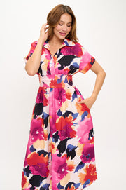 Floral Print V neck Collared Dress with Smock Waist Detail-Dresses-Reneecollection-Small-CORAL-Urbanheer