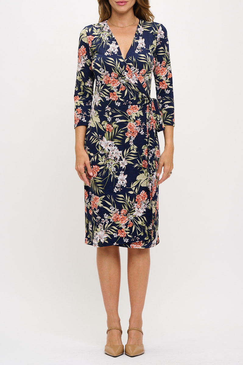 Floral Print V neck Jersey Wrap Dress with Tie-Dresses-Reneecollection-Small-NAVY-Urbanheer