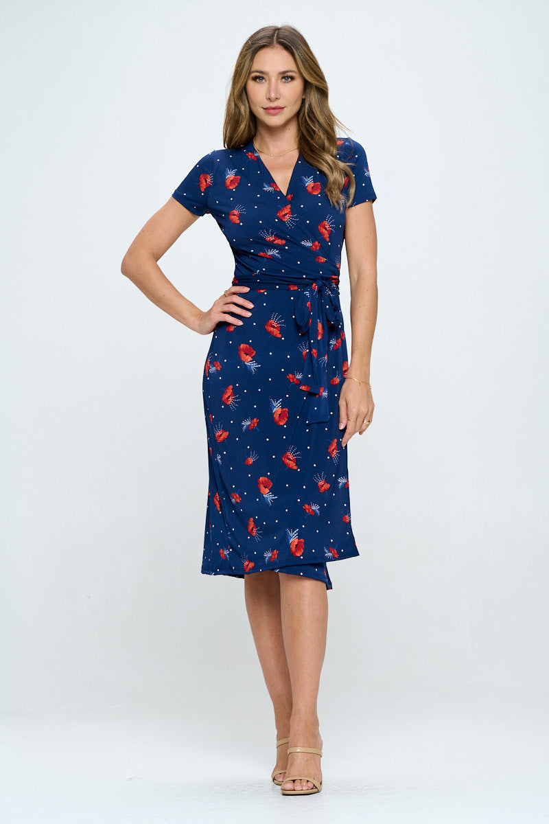 Floral Print V neck Jersey Wrap Dress with Tie-Dresses-Reneecollection-Urbanheer