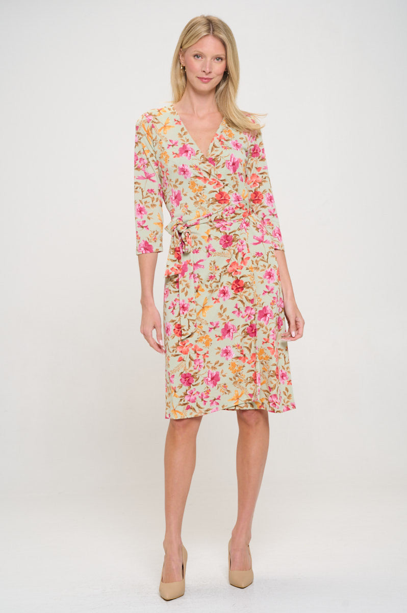 Floral Print V neck Jersey Wrap Dress with Tie-Dresses-Reneecollection-Small-SAGE-Urbanheer