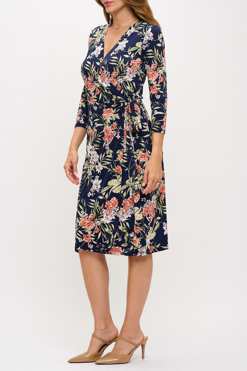 Floral Print V neck Jersey Wrap Dress with Tie-Dresses-Reneecollection-Small-NAVY-Urbanheer