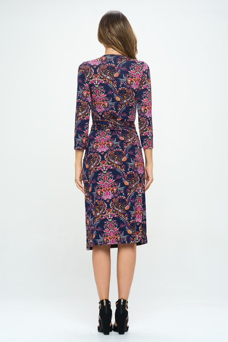 Floral Print V neck Jersey Wrap Dress with Tie-Dresses-Reneecollection-Urbanheer
