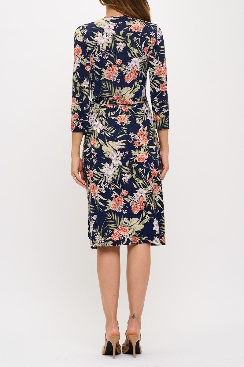 Floral Print V neck Jersey Wrap Dress with Tie-Dresses-Reneecollection-Small-NAVY-Urbanheer