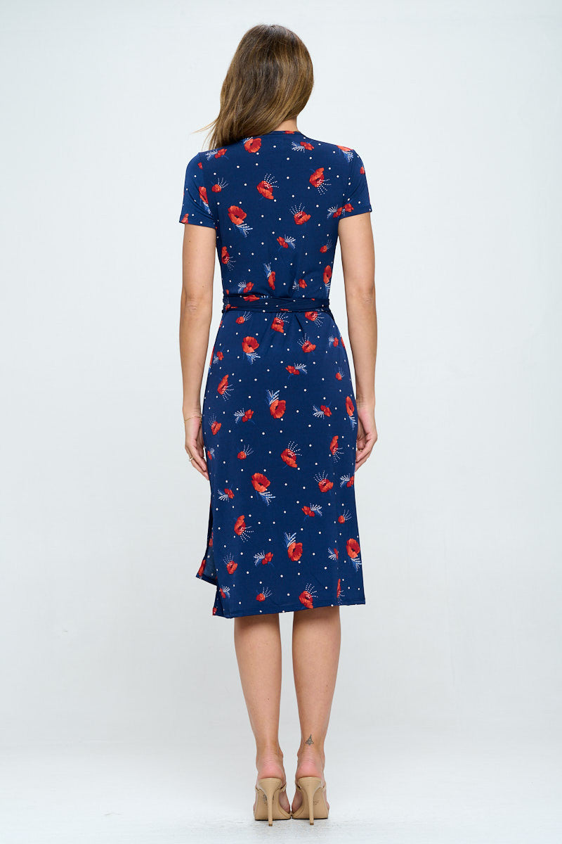 Floral Print V neck Jersey Wrap Dress with Tie-Dresses-Reneecollection-Urbanheer