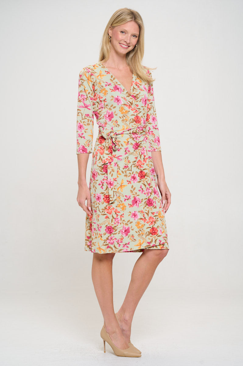 Floral Print V neck Jersey Wrap Dress with Tie-Dresses-Reneecollection-Small-SAGE-Urbanheer