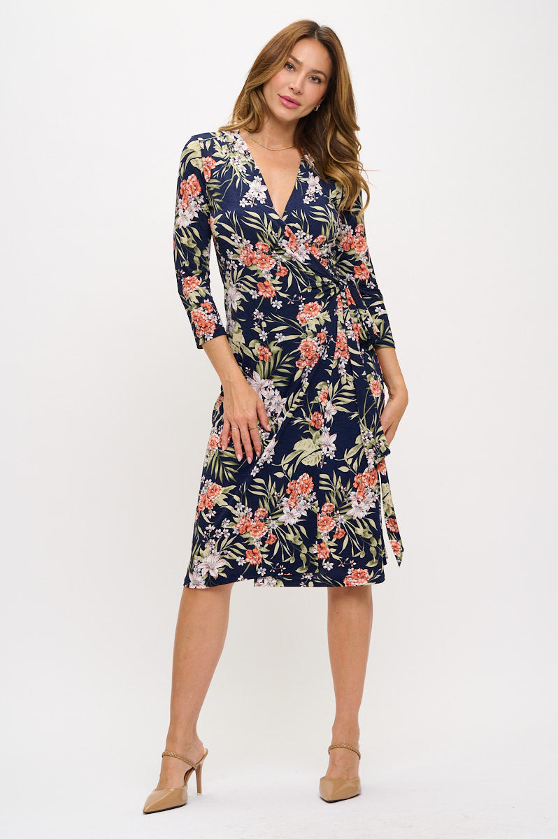 Floral Print V neck Jersey Wrap Dress with Tie-Dresses-Reneecollection-Small-NAVY-Urbanheer