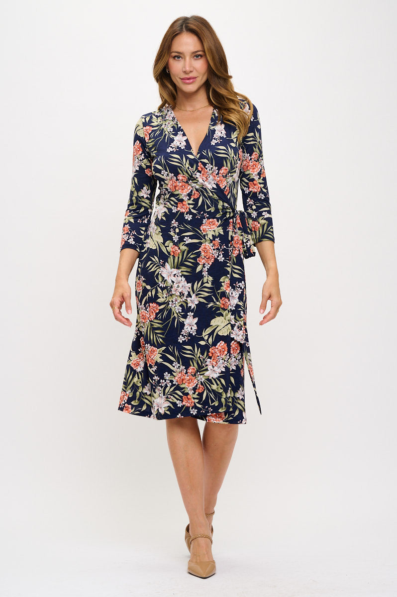 Floral Print V neck Jersey Wrap Dress with Tie-Dresses-Reneecollection-Small-NAVY-Urbanheer