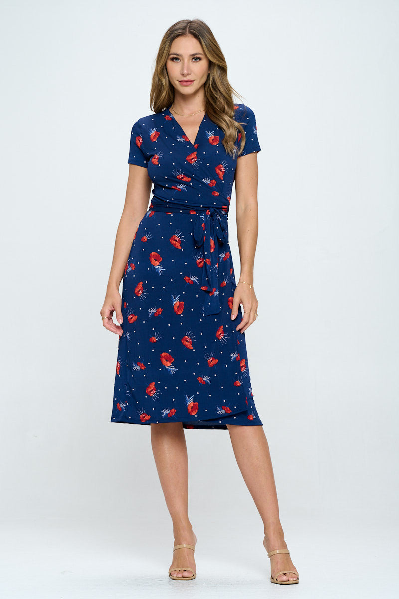 Floral Print V neck Jersey Wrap Dress with Tie-Dresses-Reneecollection-Urbanheer