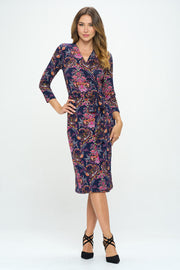 Floral Print V neck Jersey Wrap Dress with Tie-Dresses-Reneecollection-Urbanheer