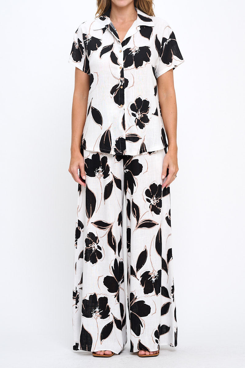 Floral Print V neck Short Sleeve Top with Collar and Buttons-New Arrival-Reneecollection-Small-WHITE-Urbanheer