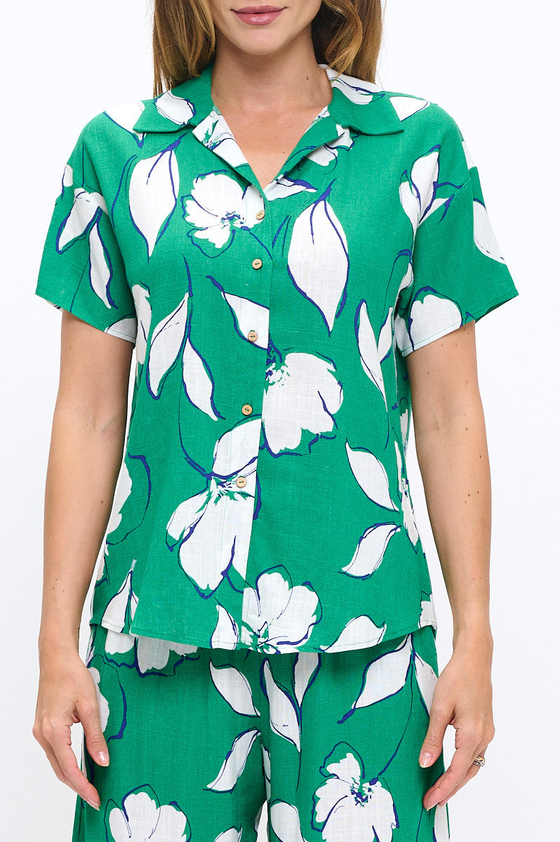 Floral Print V neck Short Sleeve Top with Collar and Buttons-New Arrival-Reneecollection-Small-GREEN-Urbanheer