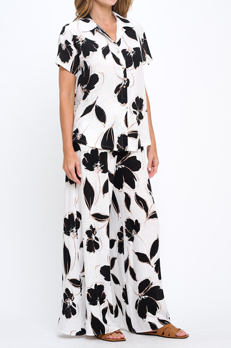 Floral Print V neck Short Sleeve Top with Collar and Buttons-New Arrival-Reneecollection-Small-WHITE-Urbanheer