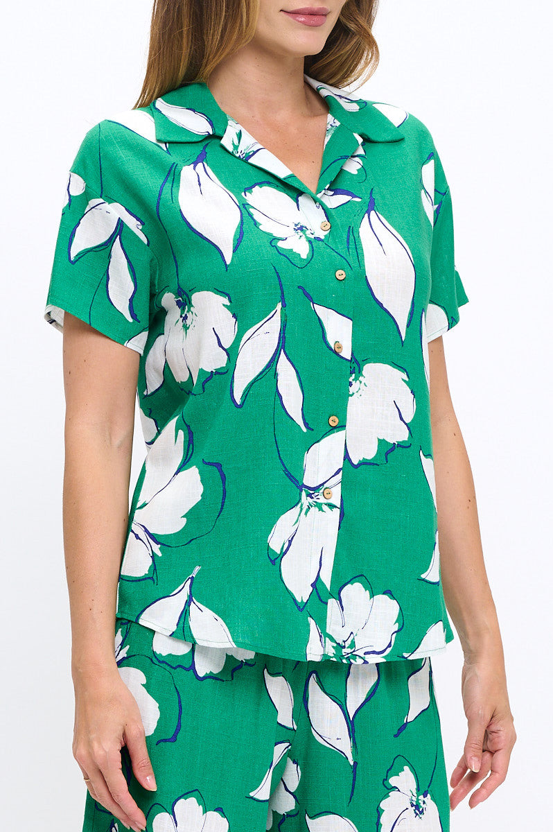 Floral Print V neck Short Sleeve Top with Collar and Buttons-New Arrival-Reneecollection-Small-GREEN-Urbanheer