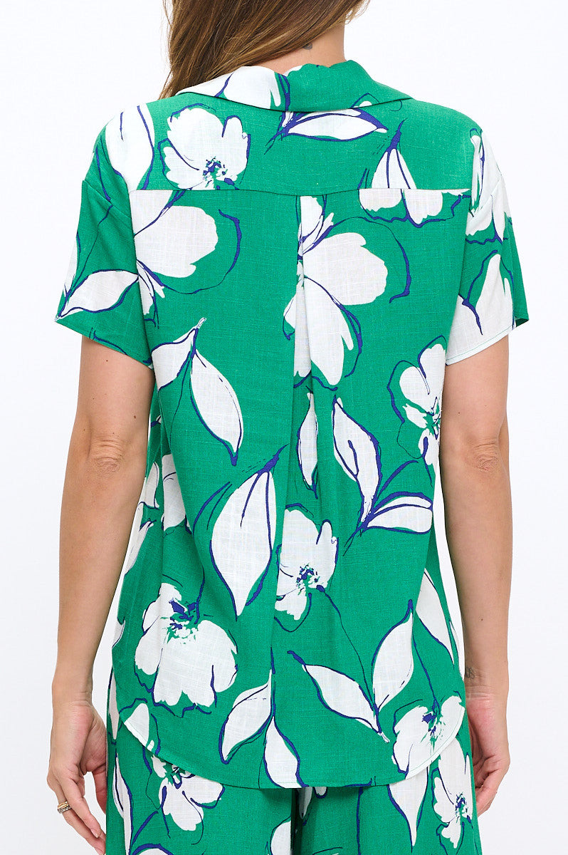 Floral Print V neck Short Sleeve Top with Collar and Buttons-New Arrival-Reneecollection-Small-GREEN-Urbanheer