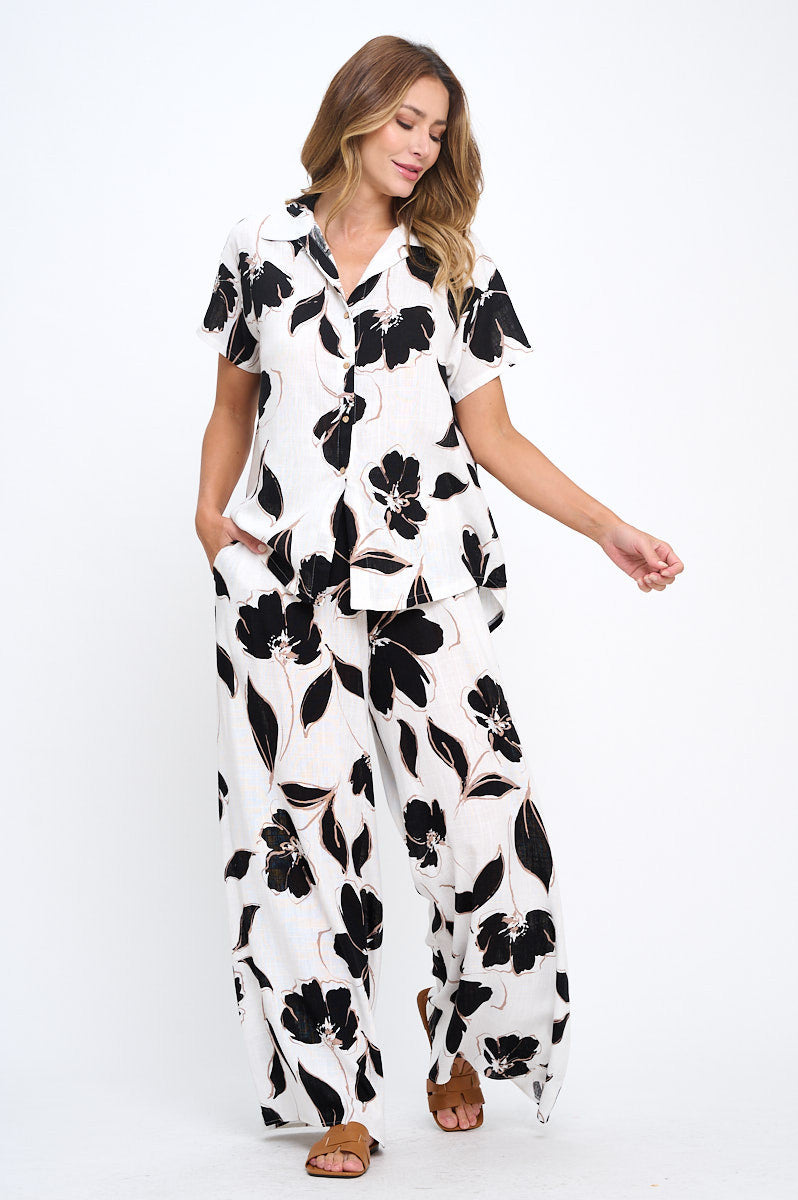 Floral Print V neck Short Sleeve Top with Collar and Buttons-New Arrival-Reneecollection-Small-WHITE-Urbanheer