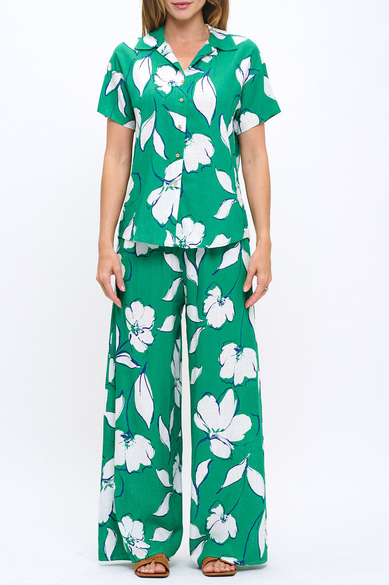 Floral Print V neck Short Sleeve Top with Collar and Buttons-New Arrival-Reneecollection-Small-GREEN-Urbanheer