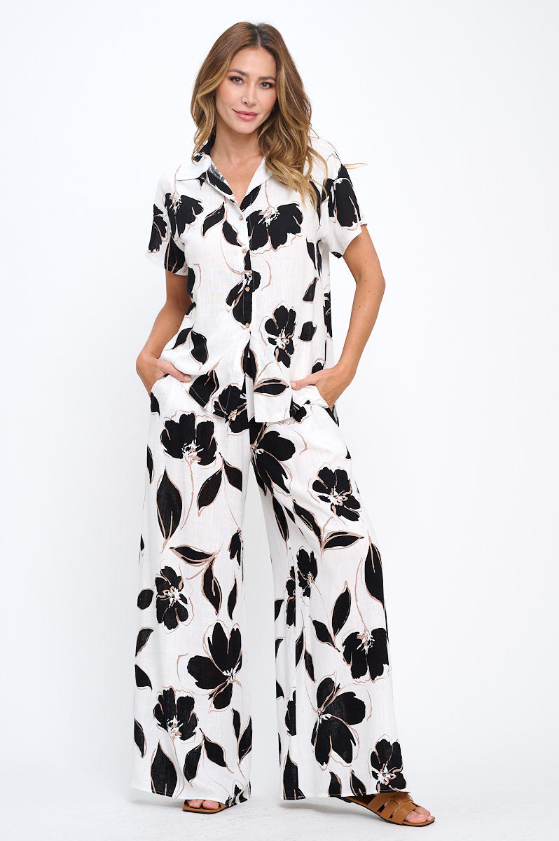 Floral Print V neck Short Sleeve Top with Collar and Buttons-New Arrival-Reneecollection-Small-WHITE-Urbanheer