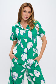 Floral Print V neck Short Sleeve Top with Collar and Buttons-New Arrival-Reneecollection-Small-GREEN-Urbanheer