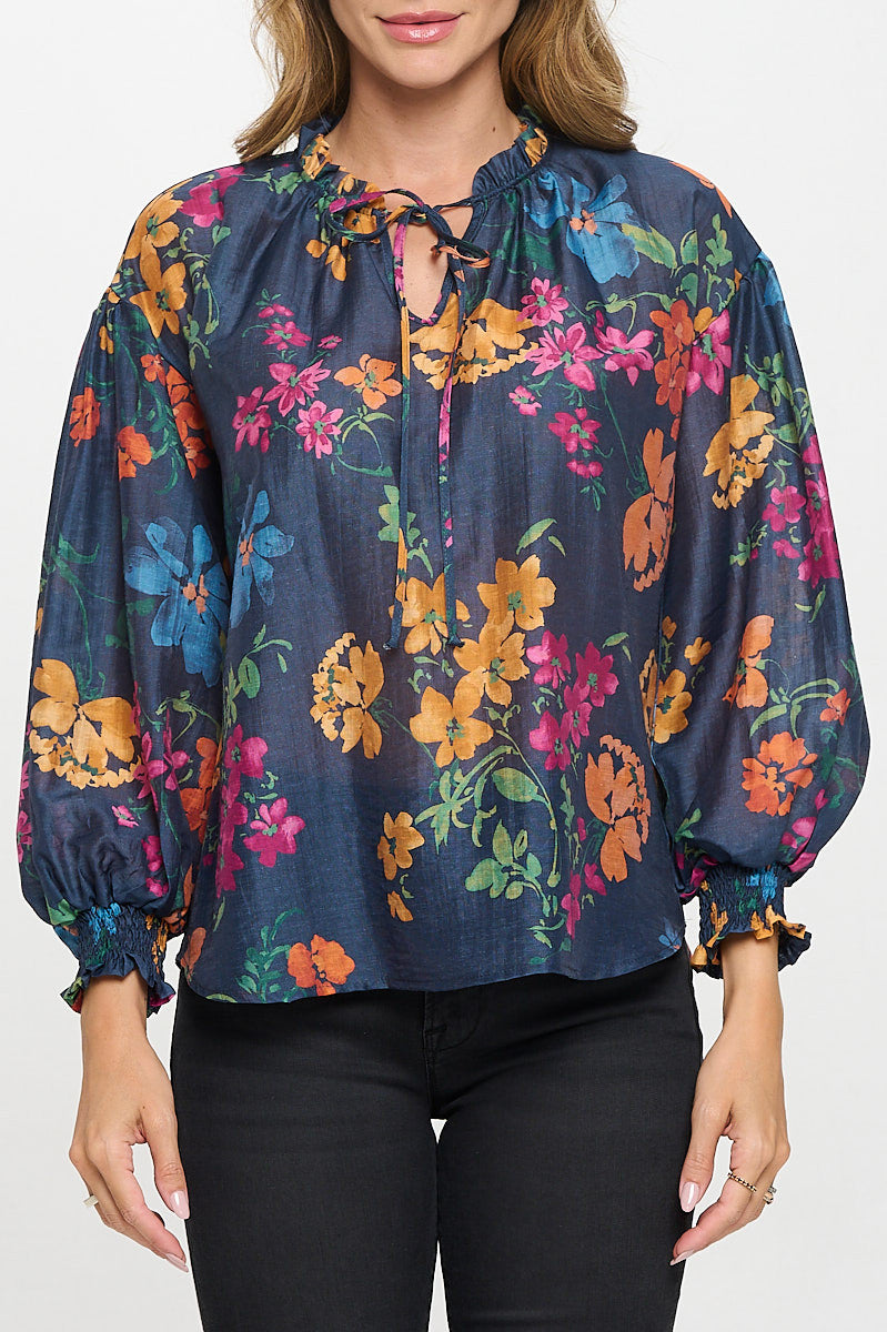 Floral Print V neck Top with Cuffed Sleeve-New Arrival-Reneecollection-Small-NAVY-Urbanheer