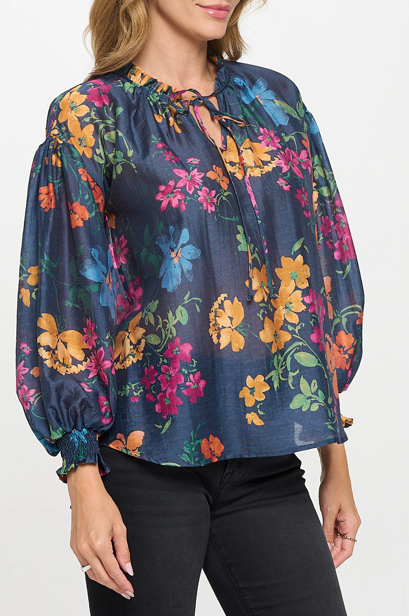Floral Print V neck Top with Cuffed Sleeve-New Arrival-Reneecollection-Small-NAVY-Urbanheer