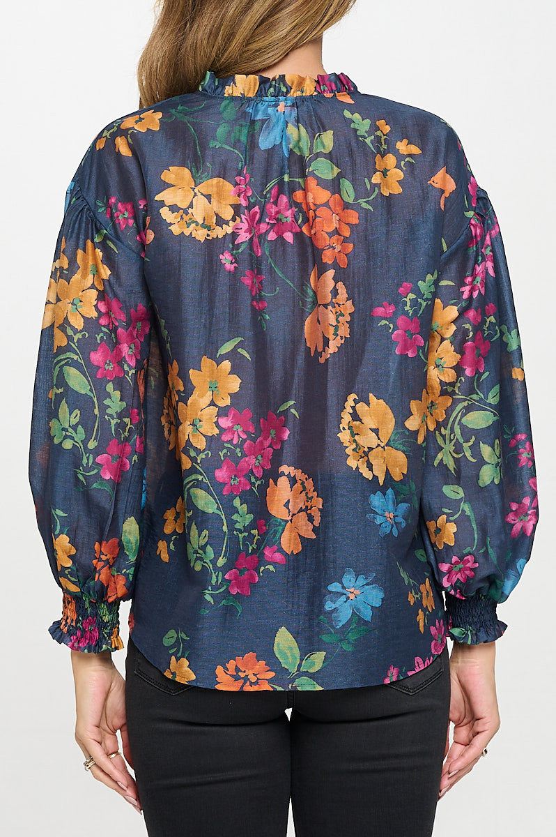 Floral Print V neck Top with Cuffed Sleeve-New Arrival-Reneecollection-Small-NAVY-Urbanheer
