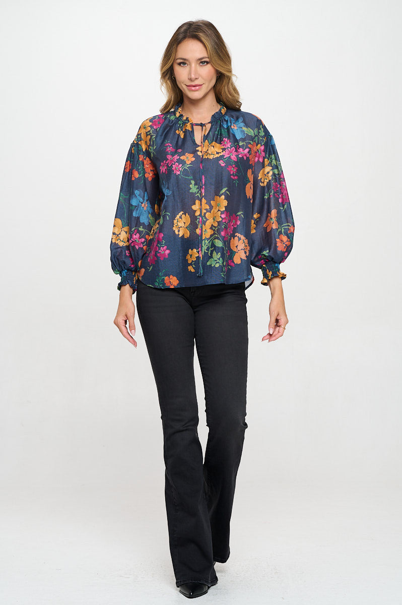 Floral Print V neck Top with Cuffed Sleeve-New Arrival-Reneecollection-Small-NAVY-Urbanheer
