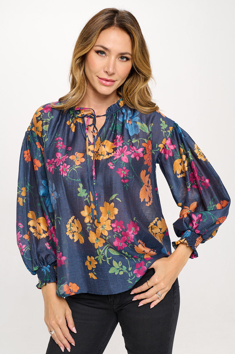 Floral Print V neck Top with Cuffed Sleeve-New Arrival-Reneecollection-Small-NAVY-Urbanheer