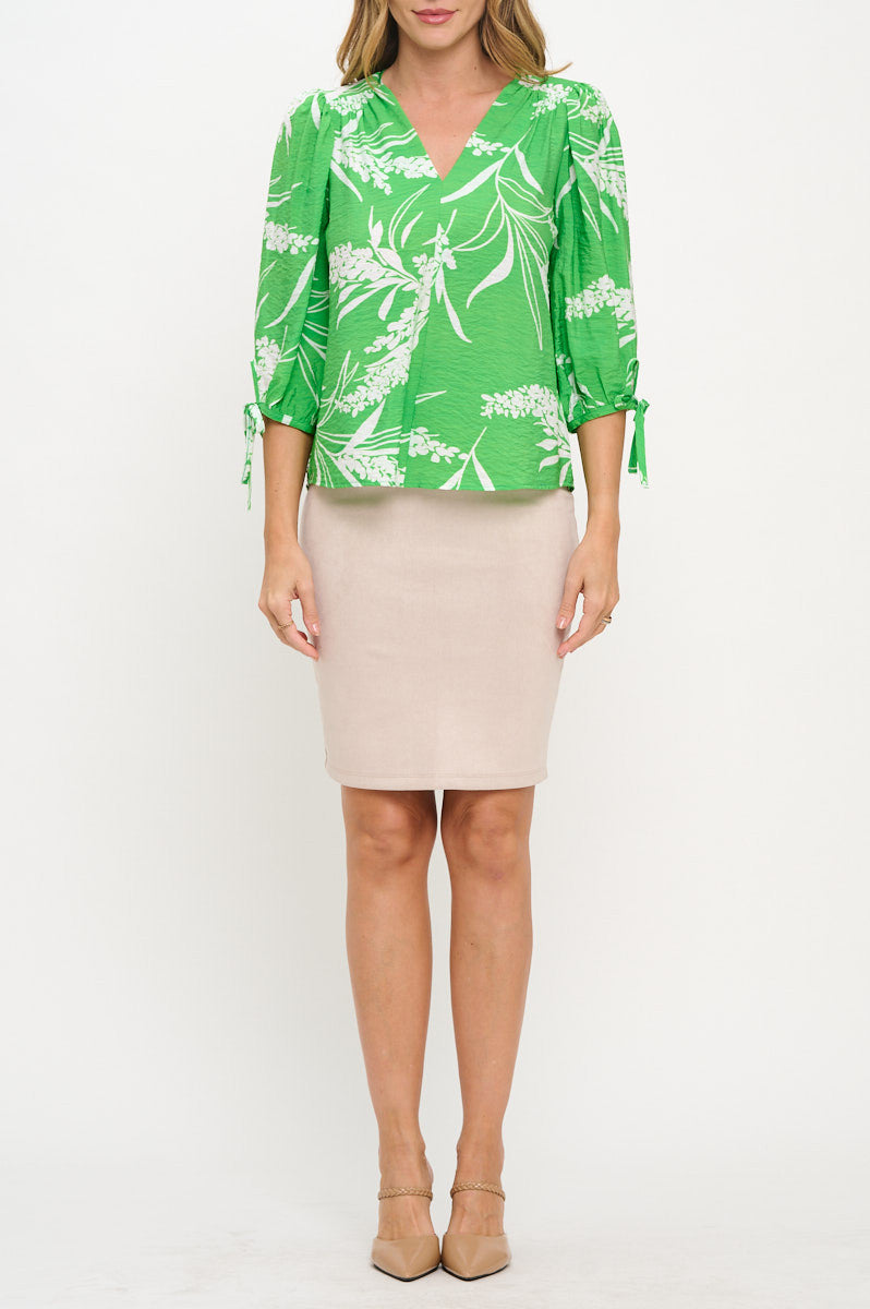 Floral Print V neck Top with Sleeve Tie-New Arrival-Reneecollection-Small-GREEN-Urbanheer