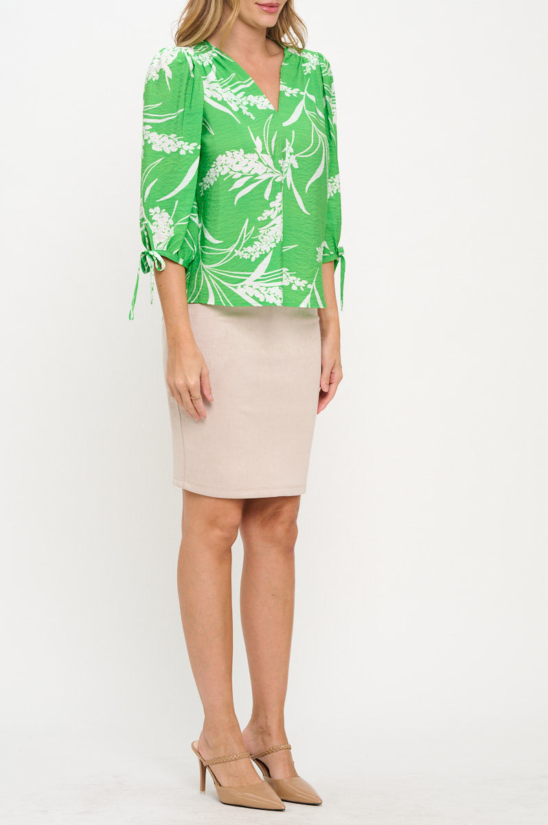 Floral Print V neck Top with Sleeve Tie-New Arrival-Reneecollection-Small-GREEN-Urbanheer