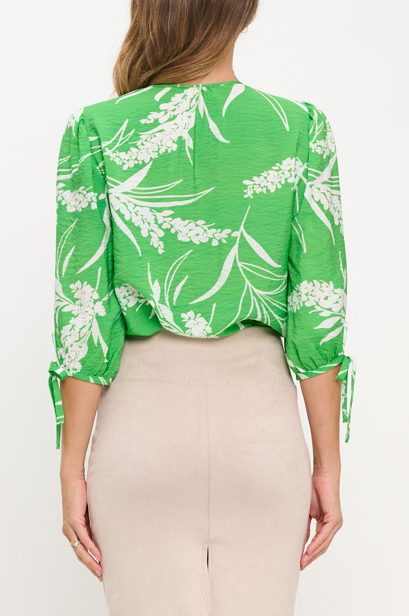 Floral Print V neck Top with Sleeve Tie-New Arrival-Reneecollection-Small-GREEN-Urbanheer
