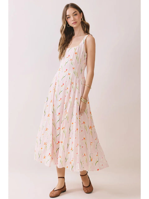 Floral Print Wide Straps Square Neck Midi Dress