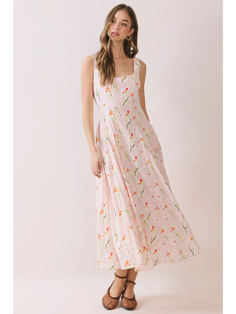 Floral Print Wide Straps Square Neck Midi Dress