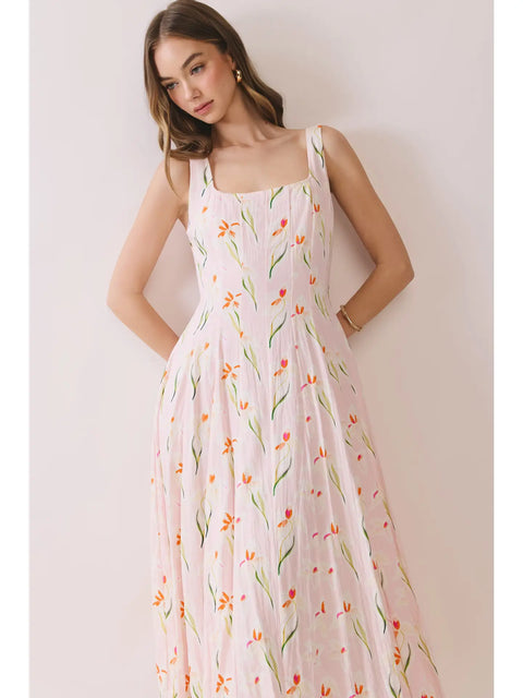 Floral Print Wide Straps Square Neck Midi Dress