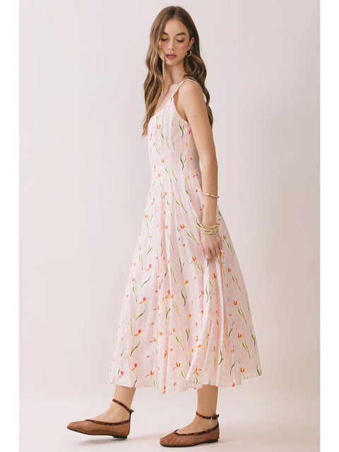 Floral Print Wide Straps Square Neck Midi Dress