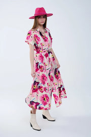 Floral Printed Buttoned Shirt Dress in Fuchsia-Dress-Q2-S-PINK-Urbanheer
