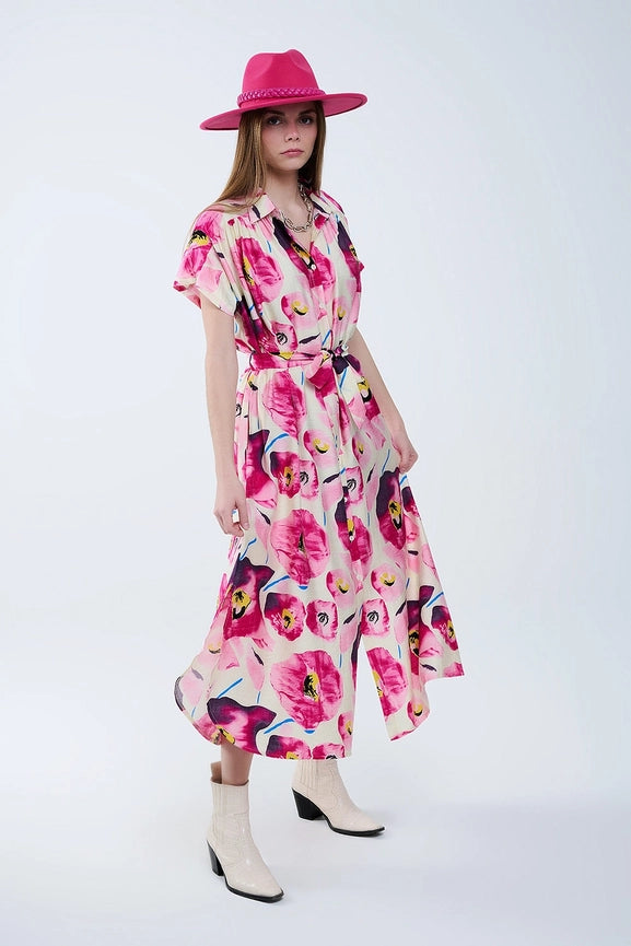 Floral Printed Buttoned Shirt Dress in Fuchsia-Dress-Q2-S-PINK-Urbanheer