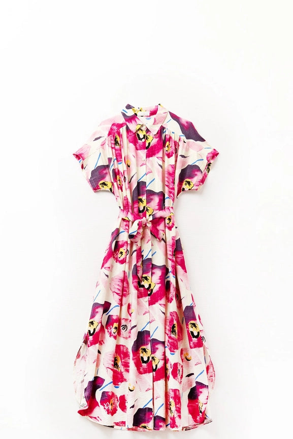 Floral Printed Buttoned Shirt Dress in Fuchsia-Dress-Q2-S-PINK-Urbanheer